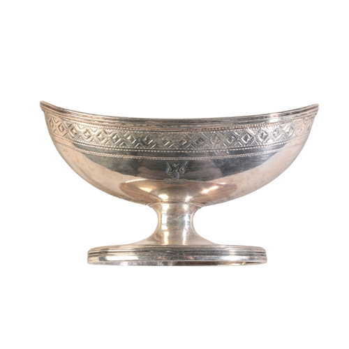 102 - A SET OF SIX LATE GEORGE III SILVER SALTS

with boat-shaped bodies and bright-cut rims, the bowls wa... 