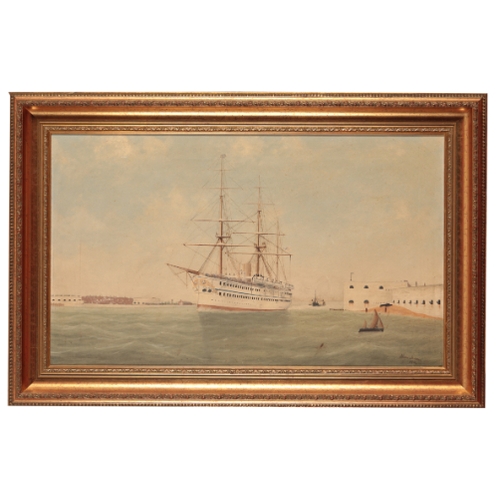 176 - HENRY JOHN JOHNSON The Troop Ship HMS Euphrates leaving Portsmouth Harbour

signed and dated 1884, o... 