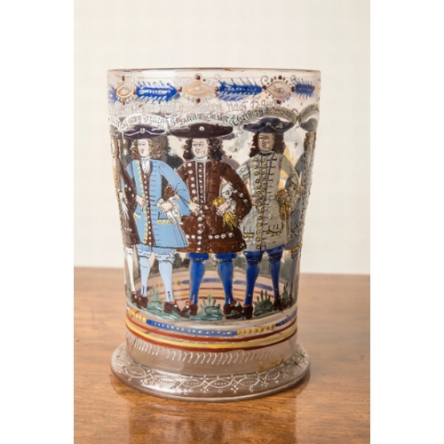 248 - A FINE GERMAN WILLKOMM HUMPEN

enamelled in polychrome with eight men with linked arms, their names ... 