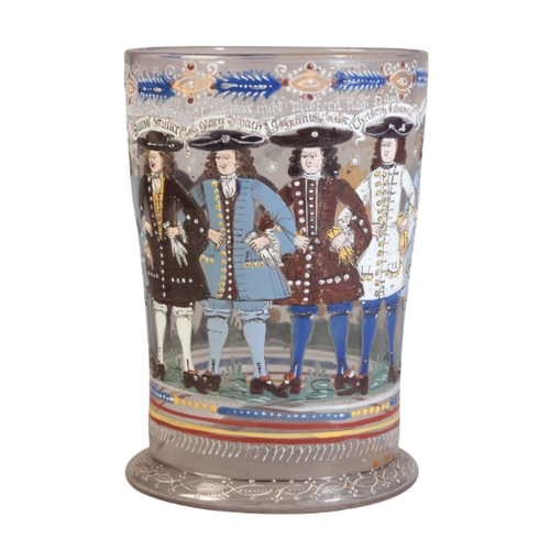 248 - A FINE GERMAN WILLKOMM HUMPEN

enamelled in polychrome with eight men with linked arms, their names ... 