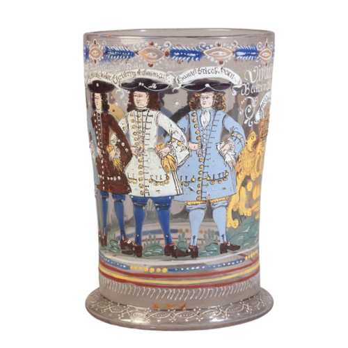 248 - A FINE GERMAN WILLKOMM HUMPEN

enamelled in polychrome with eight men with linked arms, their names ... 