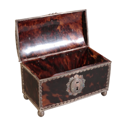 256 - A CHARLES I TORTOISESHELL AND SILVER-MOUNTED JEWEL CASKET

of rectangular form with a slightly domed... 