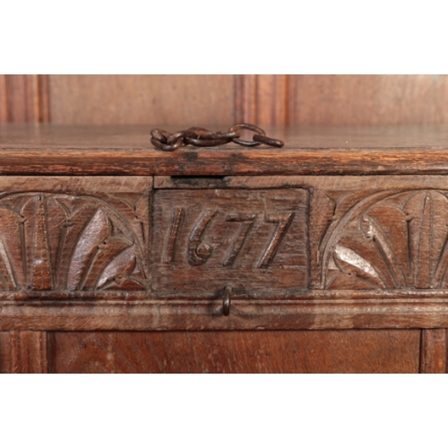 278 - A CHARLES II OAK JOINED COFFER

the rectangular top with a moulded edge over a lunette-carved frieze... 