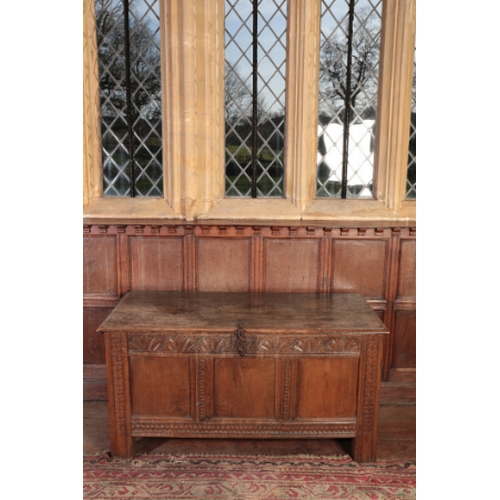 278 - A CHARLES II OAK JOINED COFFER

the rectangular top with a moulded edge over a lunette-carved frieze... 