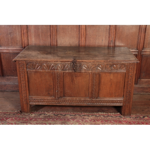 278 - A CHARLES II OAK JOINED COFFER

the rectangular top with a moulded edge over a lunette-carved frieze... 