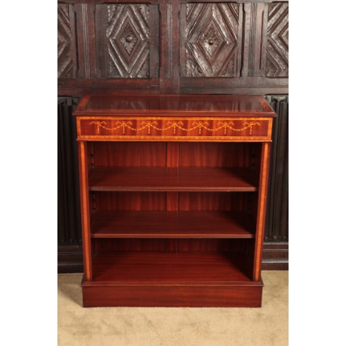 312 - A GEORGE III STYLE MAHOGANY AND MARQUETRY OPEN BOOKCASE

with three shelves, the frieze inlaid with ... 