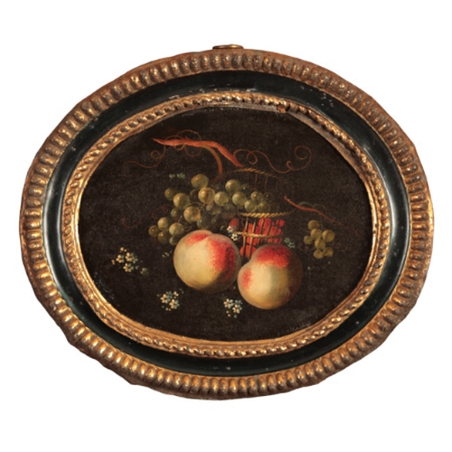 329 - DUTCH SCHOOL A still life of fruit in a basket

oval, oils on metal, 12.5cm x 15.5cm, in an ebonised... 