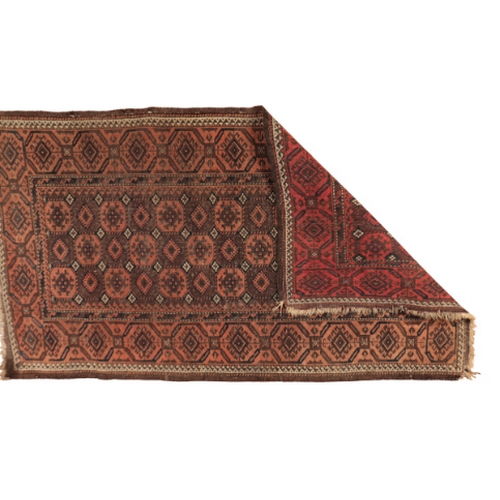 373 - A BOKHARA STYLE MAT

in shades of brown, orange and cream, with a central field containing conjoined... 