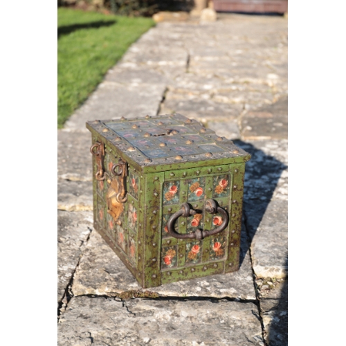 49 - AN IRON-BOUND STRONG BOX

early 17th century, with ornate false lock plate incorporating a hidden ke... 