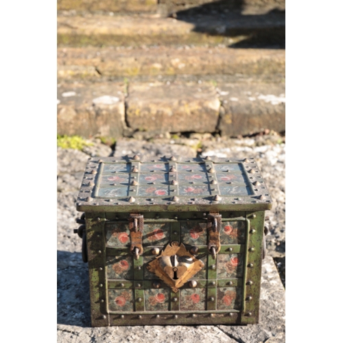 49 - AN IRON-BOUND STRONG BOX

early 17th century, with ornate false lock plate incorporating a hidden ke... 