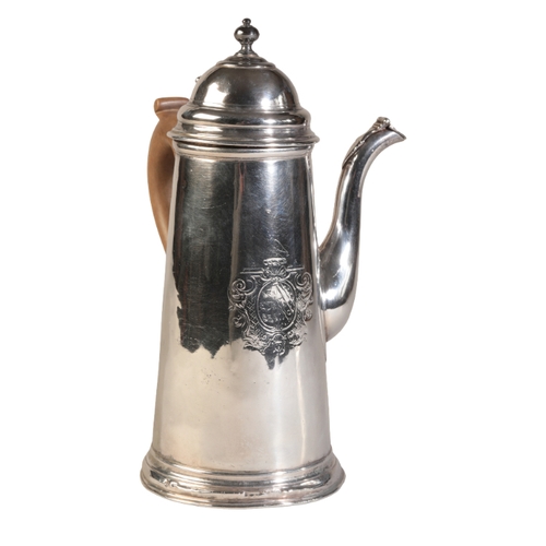 85 - A QUEEN ANNE SILVER COFFEE POT

by Gabriel Sleath, London 1707, of cylindrical form with a domed cov... 