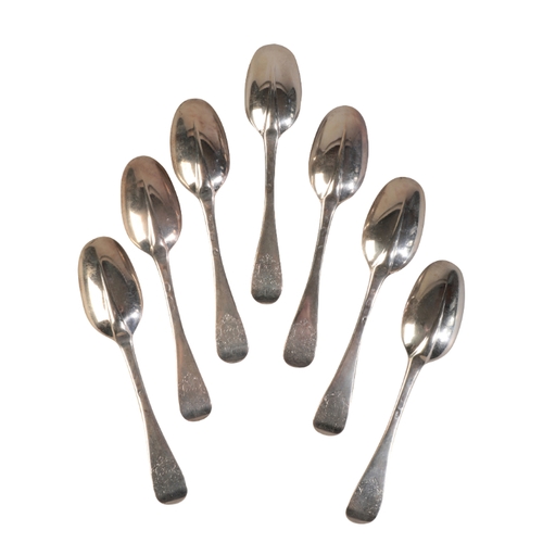 86 - A SET OF SEVEN QUEEN ANNE TABLESPOONS

by Pierre Platel, London 1713, with rat-tail bowls, engraved ... 