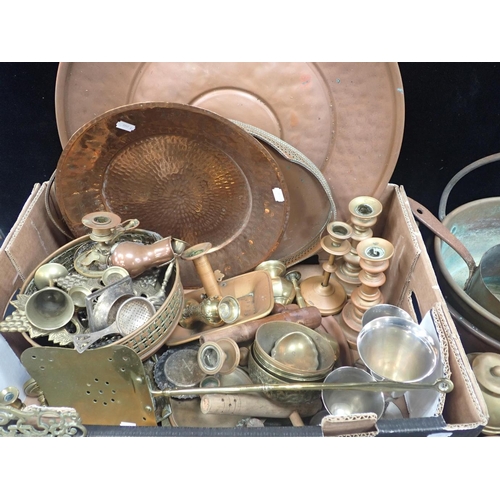 100 - A HEAVY COPPER PAN, A BRASS FRAME and other metal ware, including trays, candlesticks, a Wembley Exh... 