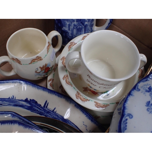 104 - A SMALL QUANTITY OF BUNNYKINS CERAMICS together with mixed blue and white pottery