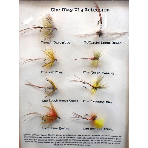 143 - A FRAMED SET OF FISHING FLIES from Donegal, with a fishing plaque