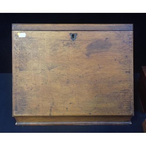 151 - A VICTORIAN OAK STATIONERY BOX, WITH WRITING SURFACE 43cm wide, a marquetry tray, a sarcophagus tea ... 