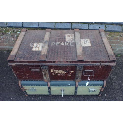 166 - A TIN TRAVELLING TRUNK, AND A CANVAS TRUNK 92cm and 94cm wide (2)