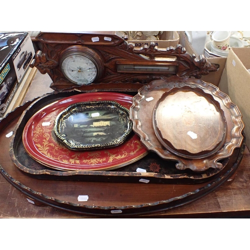 182 - A VICTORIAN BAROMETER IN GOTHIC STYLE FRAME (glass missing) with a collection of trays, wood, lacque... 