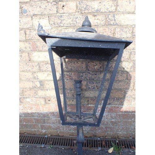 2 - AN OUTDOOR WALL LANTERN in the style of a gas street light (corner casting missing, no glazing)