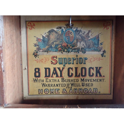 270 - AN AMERICAN DROP-DIAL CLOCK WITH MARQUETRY CASE labelled; 'Superior Eight Day Clock, Warranted if We... 