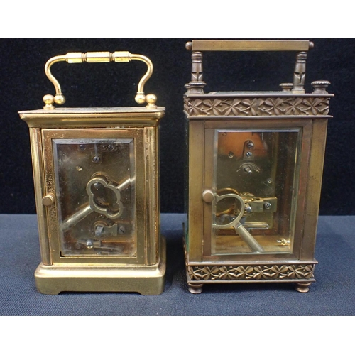 274 - TWO BRASS CARRIAGE CLOCKS the first stamped 'R & CO. made in Paris' to the verso, and the other deco... 