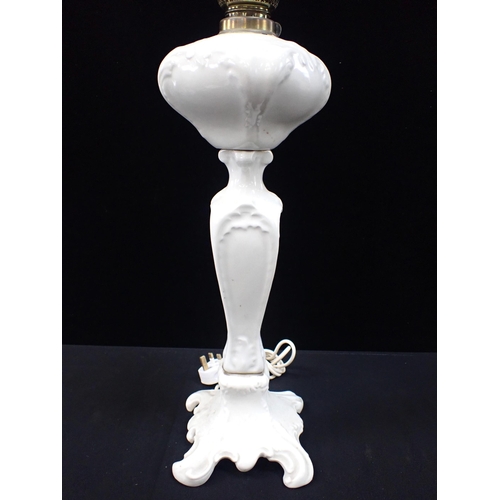 281 - A WHITE POTTERY OIL LAMP CONVERTED TO ELECTRICITY Art Nouveau style, 88 cms high