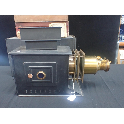 293 - A TINPLATE AND BRASS MAGIC LANTERN, WITH SLIDES including an 'Aladdin or the Wonderful Lamp' box, ca... 