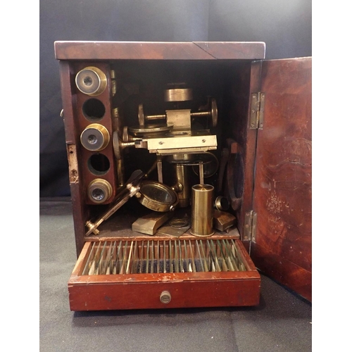 296 - A 19th CENTURY MICROSCOPE, WITH A DRAWER OF SLIDES mahogany cased