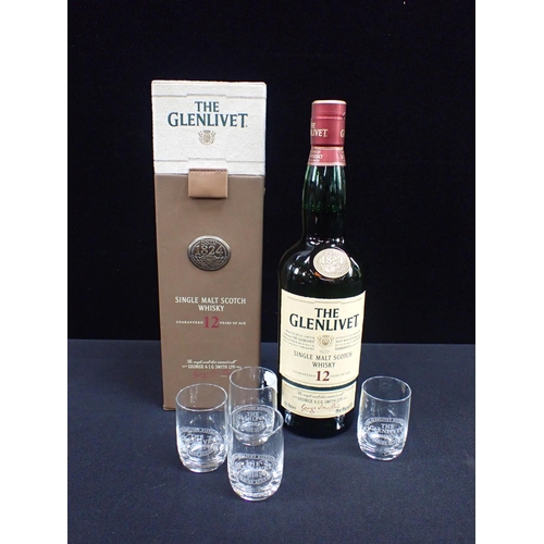 297 - THE GLENLIVET SINGLE MALT SCOTCH WHISKY 12 years old 700ml , cased, and with four Glenlivet glasses