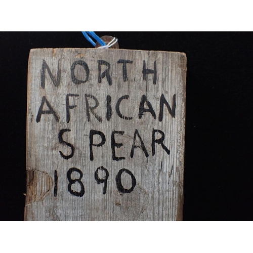 321 - AN AFRICAN SPEARHEAD on a stained wood mount, inscribed 'NORTH AFRICAN SPEAR 1890', with an indistin... 