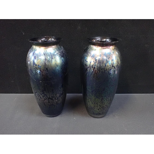 332 - PAIR OF ROYAL BRIERLEY ART GLASS VASES in the Loetz style, 26 cms high, one A/F, with a Murano style... 