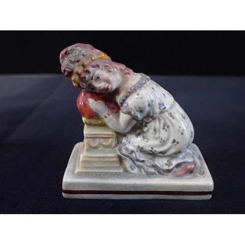 355 - EARLY 19th CENTURY STAFFORDSHIRE GRIEVING GIRL FIGURE c.1805, 6.5 cms long, with two other figures, ... 