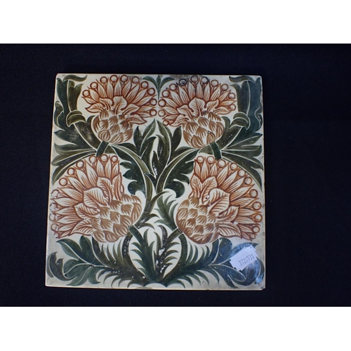 382 - WILLIAM DE MORGAN STYLE TILE painted on a Copeland blank, 8 ins, with a tube lined Art Nouveau tile,... 