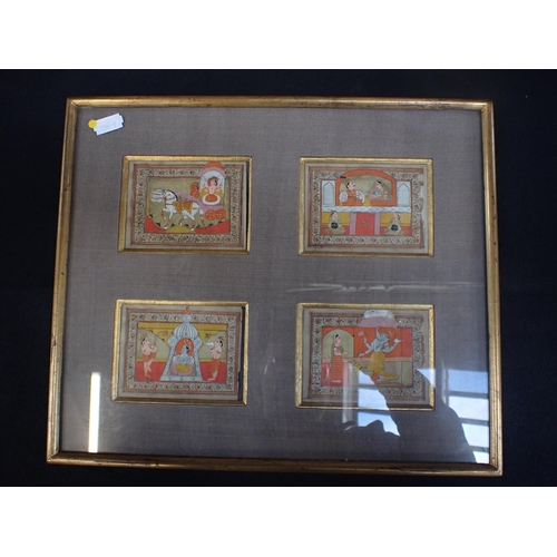 409 - EIGHT INDIAN MINIATURE PAINTINGS mounted in two frames, 33 x 39cm