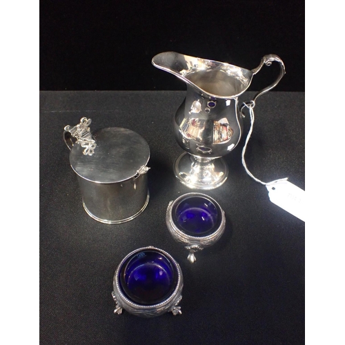 439 - A PAIR OF VICTORIAN SILVER SALTS, ON FEET a mustard, and a baluster shaped cream jug (4)