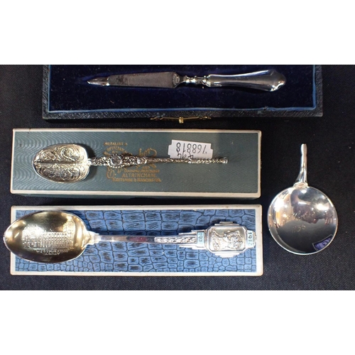 444 - A BOXED GEORGE V JUBILEE SPOON AND A BOXED MINATURE ANNOINTING SPOON with other silver