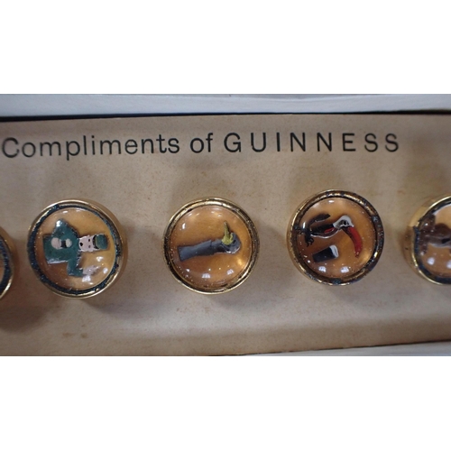 503 - A BOXED SET OF GUINNESS ADVERTISING WAISTCOAT BUTTONS micro mosaic earrings, a white metal locket an... 