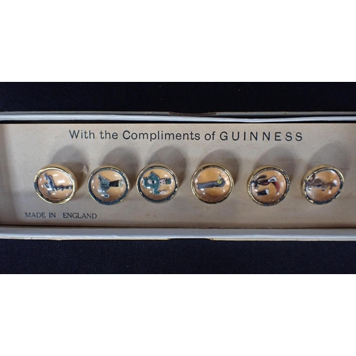 503 - A BOXED SET OF GUINNESS ADVERTISING WAISTCOAT BUTTONS micro mosaic earrings, a white metal locket an... 