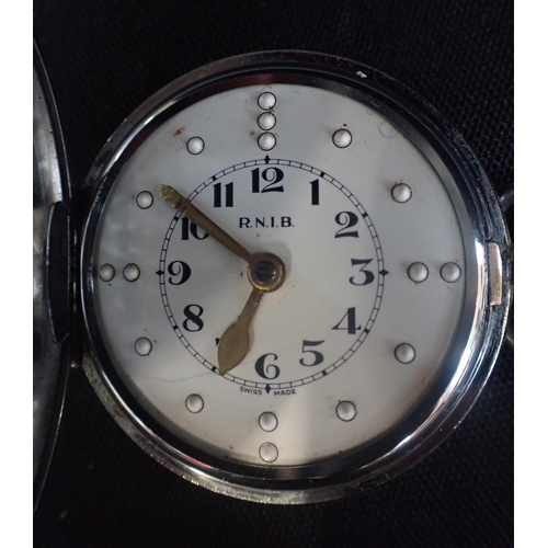 505 - AN RNIB NICKEL-CHROME PLATED POCKET WATCH with leather watch strap, together with a silver plated op... 