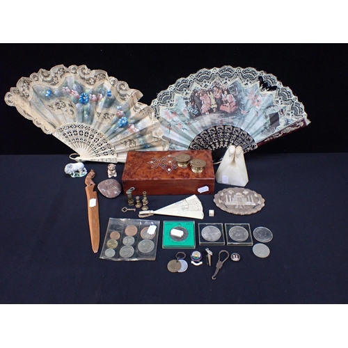 535 - A PAIR OF TRENCH ART SHELL CASE HATS (one a/f), a burrwood box, and other small items