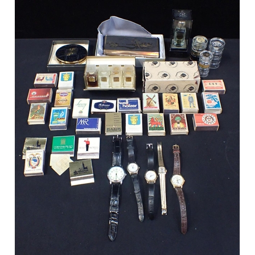 537 - VINTAGE PERFUME BOTTLES, COMPACTS including a Japanese example, watches and matchboxes