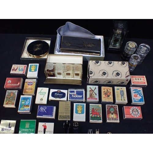 537 - VINTAGE PERFUME BOTTLES, COMPACTS including a Japanese example, watches and matchboxes