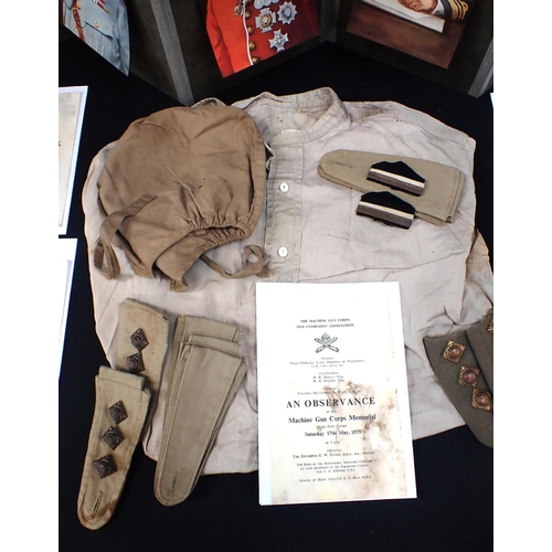 575 - CAPTAIN D HARVEY'S WAR SHIRT, HAT AND ARM BRAIDS with with pips denoting rank, commemorative paper w... 