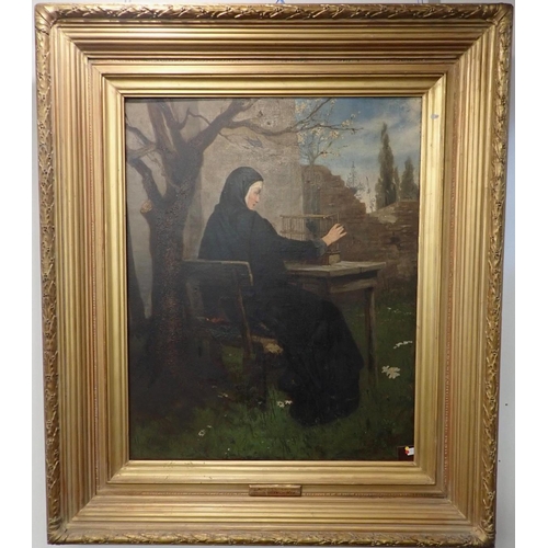642 - HEINRICH MAX,1847-1900: 'LIBERTY...'- A NUN IN A GARDEN with a bird cage, oil on canvas 79 x 63cm, i... 