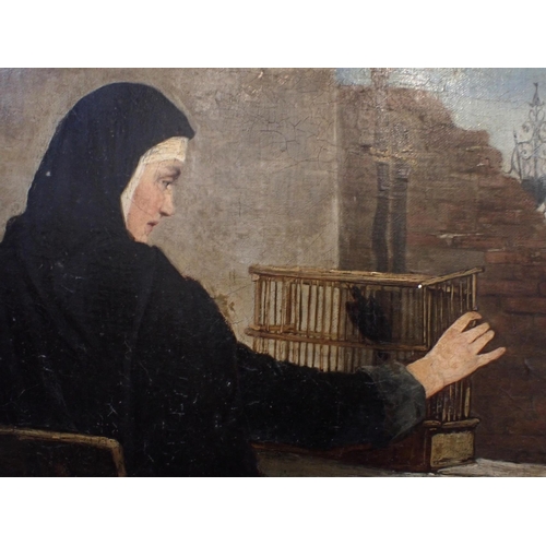 642 - HEINRICH MAX,1847-1900: 'LIBERTY...'- A NUN IN A GARDEN with a bird cage, oil on canvas 79 x 63cm, i... 