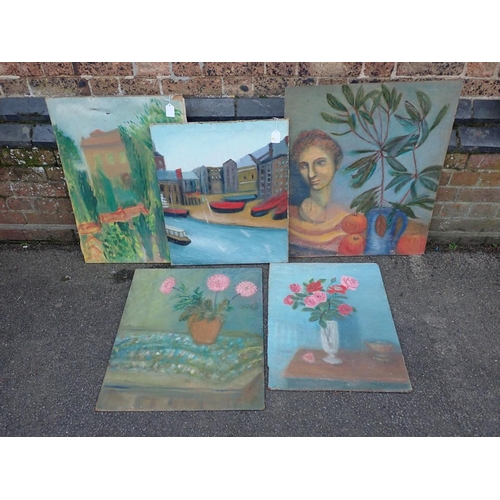 643 - A PRIMITIVE OIL ON CANVAS QUAYSIDE VIEW mid 20th century 61 x 51cm, a similar house in a garden, and... 