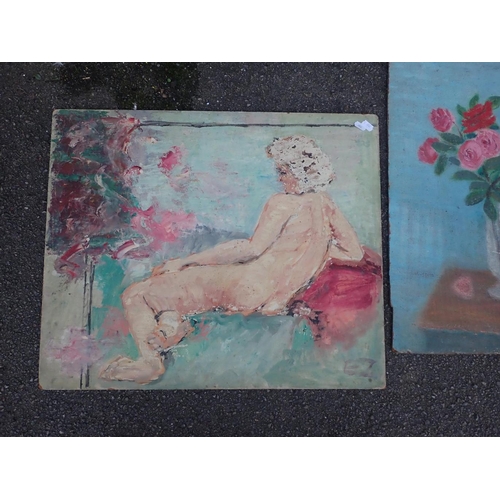 643 - A PRIMITIVE OIL ON CANVAS QUAYSIDE VIEW mid 20th century 61 x 51cm, a similar house in a garden, and... 