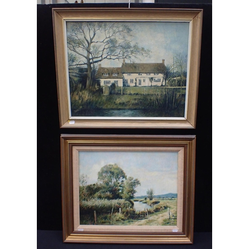 645 - MICHAEL BOWMAN, B.1943: COUNTRY VIEW oil on board 49 x 59cm (framed), and another of a cottage (2)