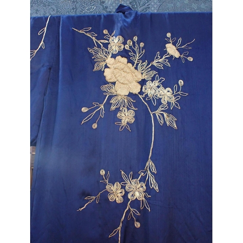 68 - A BLUE SILK KIMONO WITH GOLD COLOURED EMBROIDERY