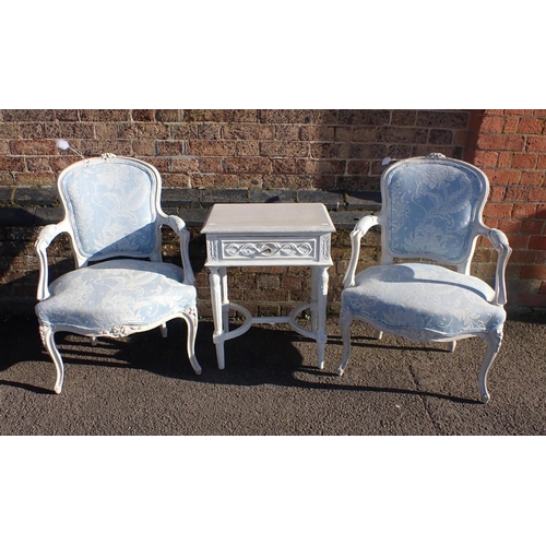 771 - A PAIR OF LOUIS XV STYLE WHITE PAINTED FAUTEUILS with blue upholstery (a few marks), and a similar p... 